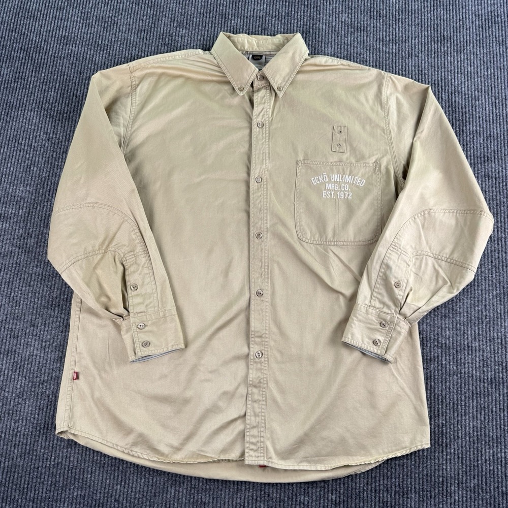 Ecko Shirt Men XXL Tan Cotton Spell Out Logo Streetwear y2k Button Up Casual